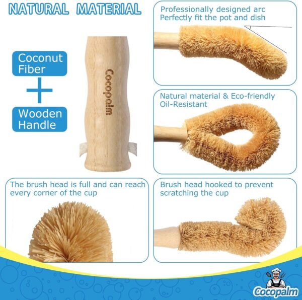2 Pack Kitchen Clean Natural Dish Brush Bottle Brush with Bamboo Handle Vegetable Brush Natural Coconut Fiber Cocopalm - Image 5