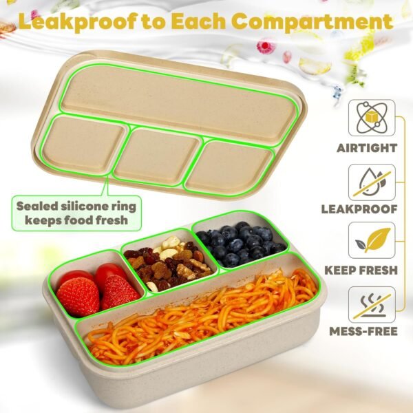 Bento Lunch Box for Kids, Wheat Straw 5.5 Cups Leakproof Adult Bento Box with 2 Sauce Jars, 4 Compartments Lunchable Snack containers, Utensils, Microwave & Dishwasher Safe (Wheat Straw Beige) - Image 3
