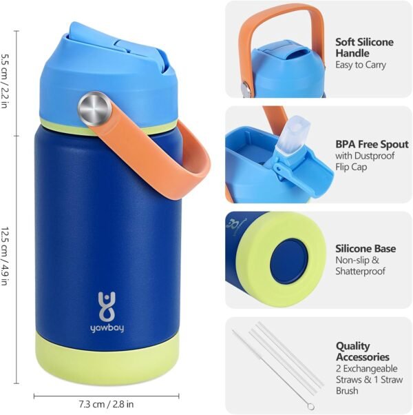 Kids Insulated Water Bottle with Straw Lid & Silicone Handle,12oz Kids Leak Proof Water Bottle for School Boys Girls,Double Wall Vacuum Stainless Steel with Non-slip Silicone Base(Dark Blue) - Image 2