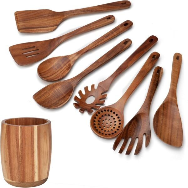 9 PCS Kitchen Utensils Set - Wooden Spoons for Cooking, Natural Teak Wooden Utensils - Includes Wooden Spoons, Spatula Set, Slotted Spoon - Handmade Wooden Spoon Set - Image 8