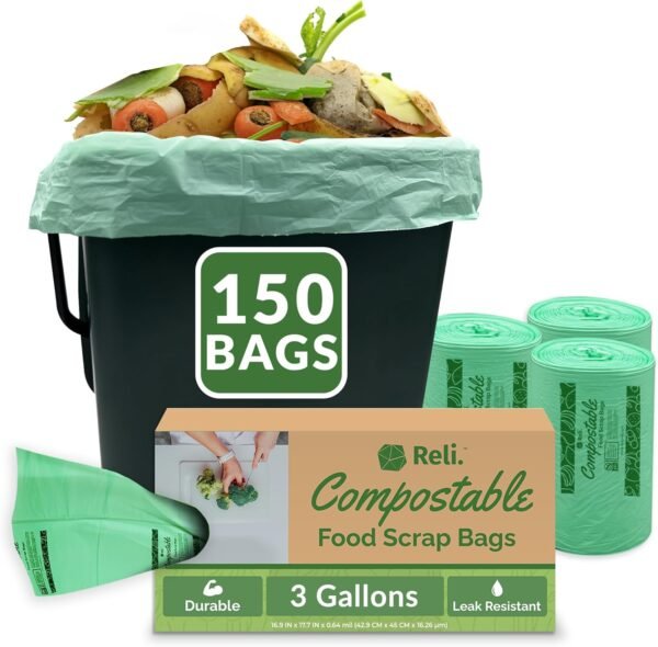 Reli. Compost Bags 3 Gallon (150 Count) | ASTM D6400 | Compostable Trash Bags for Food Scraps | Small Compost Bags for Kitchen Compost Bin/Countertop Bin | Green, Eco Bags for Food Waste, 3 Gal