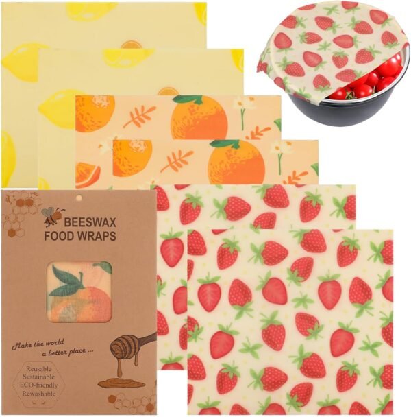Reusable Beeswax Wrap 6Pcs Beeswax Wraps for Food Eco-Friendly Beeswax Food Wraps Bread Sandwich Wrapper Organic Sustainable Zero Waste Plastic-Free Food Storage Wrap