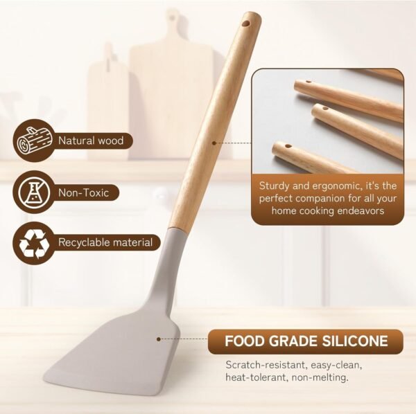 Silicone Kitchen Utensils Set 43 PCS for Cooking, Spatula Set with Wooden Handle, Cookware Nonstick Heat Resistant Kitchen Gadgets. Kitchen Tools with Holder (Khaki) - Image 3