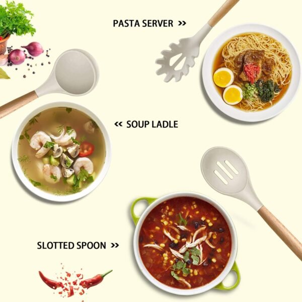 MIBOTE Silicone Cooking Kitchen Utensils Set with Holder, Wooden Handles BPA Free Non Toxic Silicone Turner Tongs Spatula Spoon Kitchen Gadgets Utensil Set for Nonstick Cookware (Khaki) - Image 2
