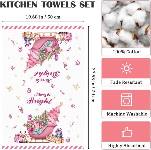 2 Pcs Pink Santa Kitchen Towel 100% Cotton Winter Christmas Absorbent Dish Towel 27.5"x18.8"Housewarming Christmas Tree Decorative Hand Towel for Dining Home - Image 5