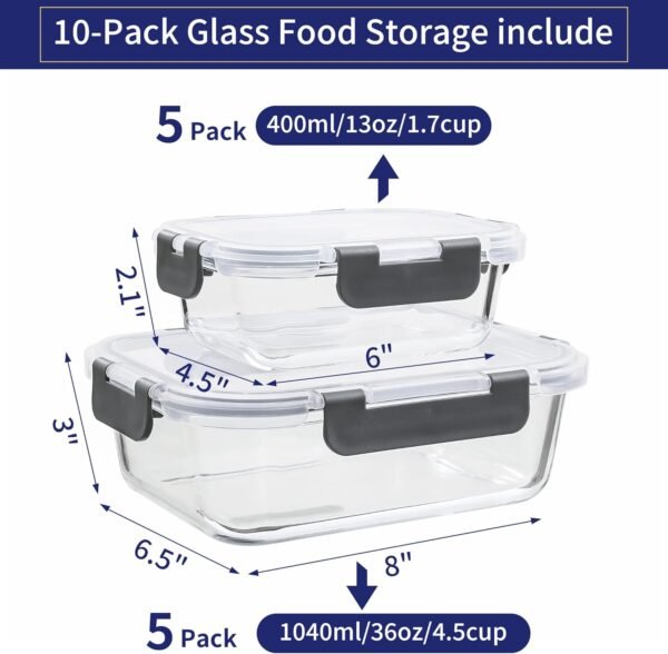 MFY 10-Pack Glass Storage Containers with Lids, Glass Meal Prep Containers Set, Airtight Glass Lunch Containers with Lids, Microwave, Oven, Freezer and Dishwasher Safe, Gray - Image 2