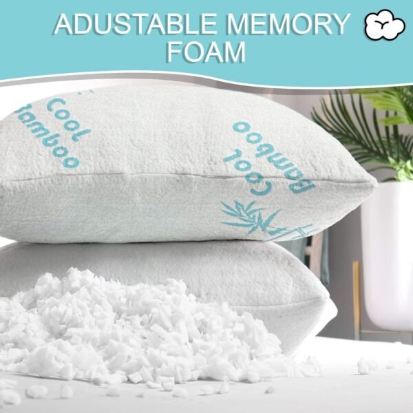 Cool Rayon of Bamboo Pillows 2 Pack King Size (20"x36") for Sleeping, Soft Shredded Adjustable Memory Foam Washable Zippered Breathable Cover, Relieves Neck Pain Asthma for Back/Stomach/Side Sleeper - Image 2