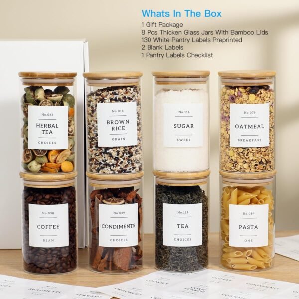 8 Pack Glass Jar with Airtight Bamboo Lid and White 132 Kichen Pantry Labels Preprinted - 21 Oz Clear Round Glass Food Storage Containers set For Tea Coffee Sugar Spice - Image 2