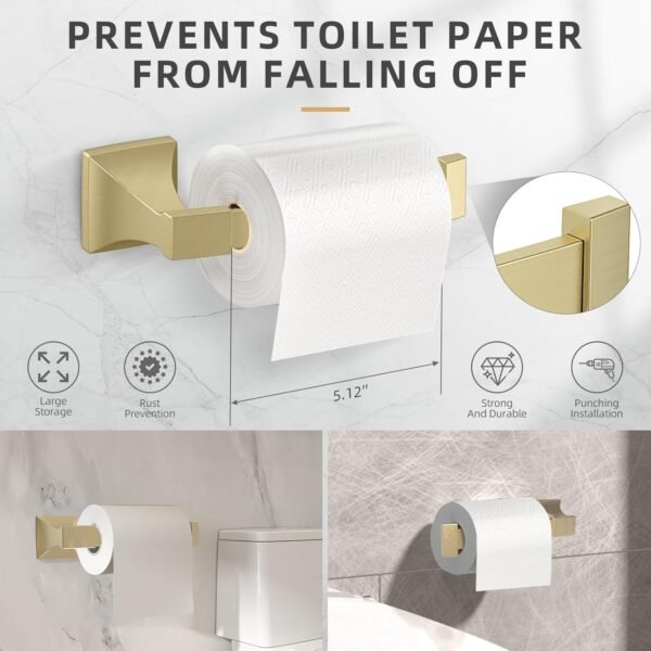 4 Piece Bathroom Hardware Set, 18 Inch Brushed Gold Towel Bar Set, Bathroom Towel Holder Set Includes Square Towel Bar, Towel Ring, Robe Hook, Toilet Paper Holder - Image 4