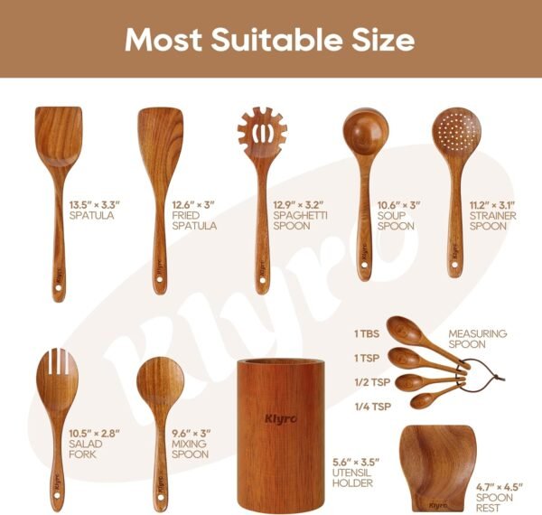 Wooden Spoons for Cooking, Nonstick Kitchen Utensils Set with 4 Piece Measuring Spoons, Comfort Grip Wooden Spatula Set, 9 Piece Teak Wooden Cooking Utensils with Holder and Spoon Rest - Image 7
