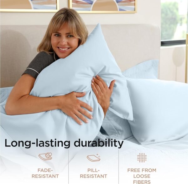 Threadmill Egyptian Cotton Full Size Sheet Set | 100% Certified Egyptian Cotton Sheets for Full Size Bed | Full Bed Sheets Set 16" Deep Pocket | Soft Sateen 4-Piece Cooling Bedding Set | Light Blue - Image 4