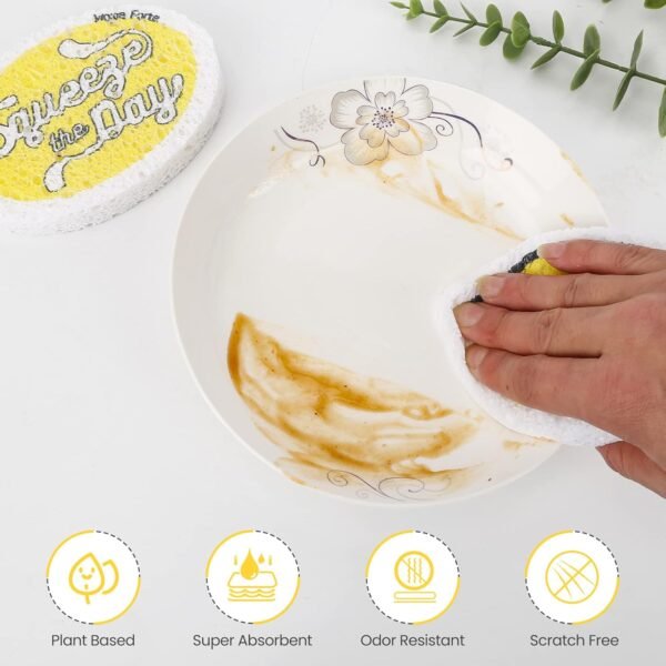 3Pack Lemon Dish Sponges | Squeeze The Day Fun Fruit Design | Cute Cellulose Compressed Kitchen Sponges |Natural & Biodegradable | Odor Resistant & None Scratch - Image 4