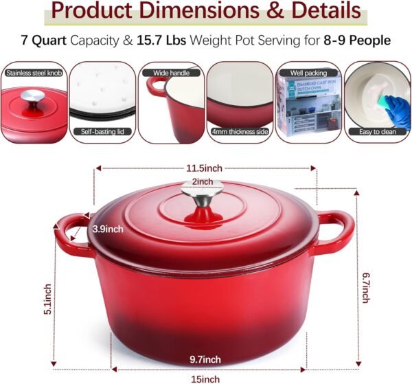 E-far 7QT Enameled Dutch Oven, Cast Iron Dutch Oven Pot with Lid for Cooking/Bread Baking/Braising/Roasting/Stewing, Heavy Duty Round Nonstick Cookware Safe for Induction & Oven - Red - Image 2