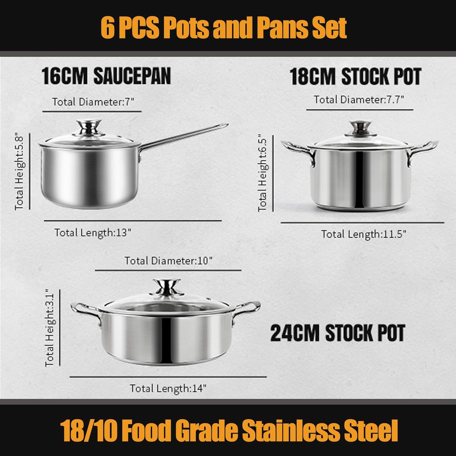 Stainless Steel pots and pans set, 6 Piece Nonstick Kitchen Induction Cookware Set,Works with Induction/Electric and Gas Cooktops, Nonstick, Dishwasher - Image 2