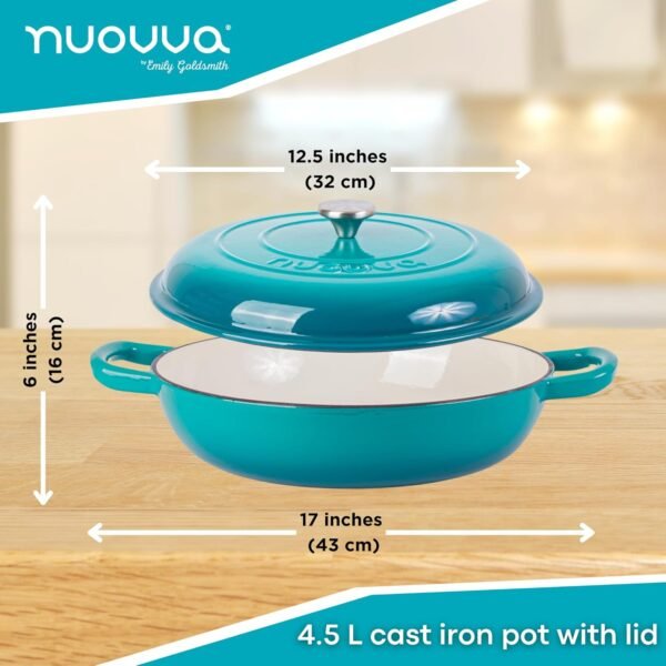 Shallow Cast Iron Casserole with Lid – Non Stick Dutch Oven Pot, Oven Safe up to 500° F – Sturdy Ovenproof Stockpot Cookware – Enamelled Cooking Pot – Teal, 5-Quart, 32cm – by Nuovva - Image 2