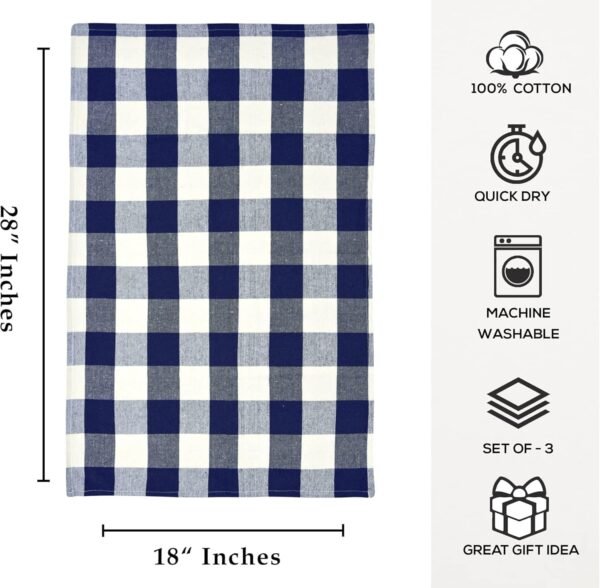 Buffalo Plaid Kitchen Towels Set of 3 - Blue Gingham Kitchen Towels, Hanukkah Towels Kitchen, Cotton Dish Towels - Navy Blue Cotton Kitchen Towels - Farmhouse Kitchen Towels (18x28) - Image 7