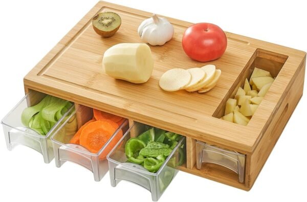 Bamboo Cutting Board with 4 Containers, Large Chopping Board with Juice Grooves, Easy-grip Handles & Food Sliding Opening, Carving Board with Trays for Food Storage, Transport and Cleanup - Image 5