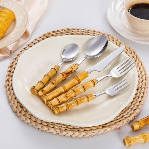 Silverware Set Bamboo Cutlery for 5 PCS, Premium Bamboo Handles Knife Forks and Spoons Silverware Set for Daily Use and Party, Flatware Set, Bamboo Silverware Utensils Set, Tableware Set - Image 7