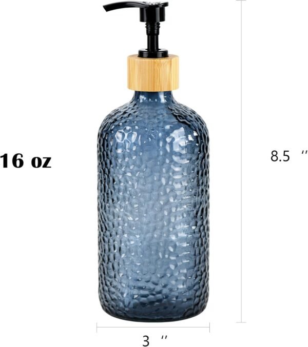 16 oz Glass Soap Dispenser with Bamboo Pump Head, Refillable Kitchen Bathroom Soap Dispenser for Hand Soap, Lotion (2, Blue) - Image 3