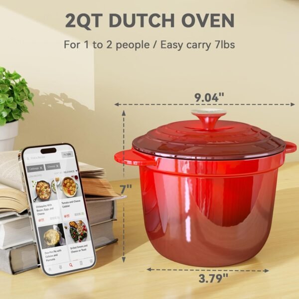 2 Quart Dutch Oven Pot with Lid, Enameled Cast Iron Dutch Oven, Cast Iron Pot for Cooking, Red - Image 2