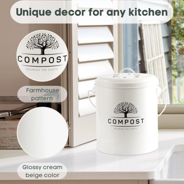 Perfnique Kitchen Compost Bin, 1.3 Gallon Countertop Compost Bin with Lid, Indoor Compost Bucket Includes Inner Bucket Liner and Carbon Filter, Small Compost Bin (Without Bags, Cream) - Image 4
