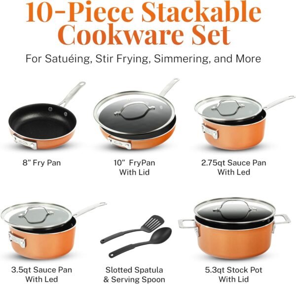 GOTHAM STEEL 10 Pc Copper Pots and Pans Set Non Stick, Kitchen Cookware Sets, Space Saving Non Stick Pots and Pan Set, Nonstick Cookware Set, Non Toxic Cookware Set, Pot Set, Dishwasher Safe - Image 2