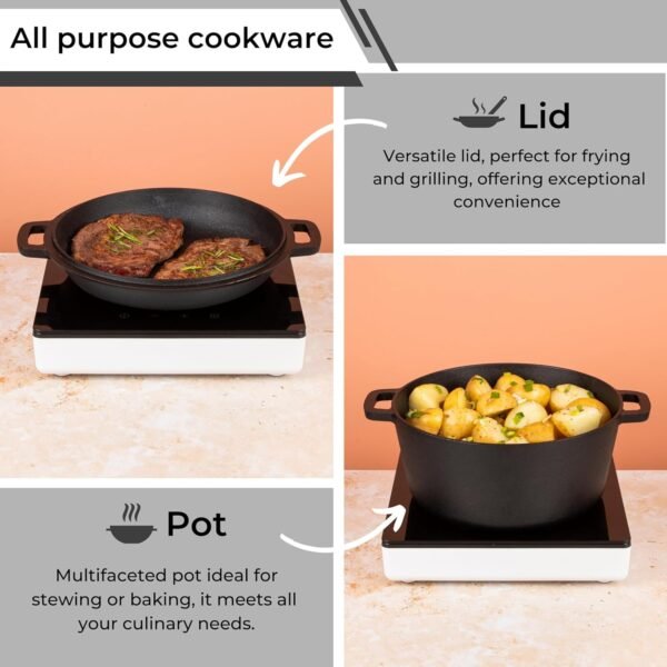 Pre-Seasoned Cast Iron Dutch Oven Casserole Pot - Cast Iron Skillet Lid – 2 in 1 Cooking Cookware Pan Set – Dutch Oven Pot with Lid – Black, 5 Quarts, 26cm – by Nuovva - Image 5