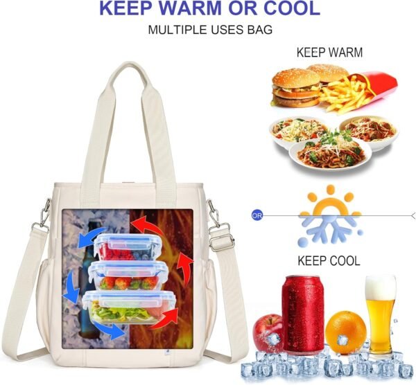 NOL Insulated Lunch Bag for Women, Large Spacious Lunch Tote Bag With Removable Adjustable Shoulder Strap with Multi Pockets,Leakproof Cooler Bag,Lightweight Nylon Waterproof Lunch Box For Work,Cream - Image 4
