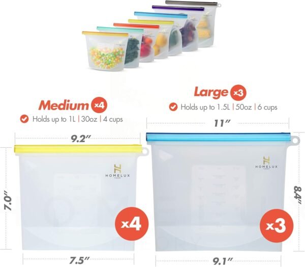HOMELUX THEORY Reusable Freezer Bags, 7Pcs Large & Medium Reusable Ziploc Bags Silicone Airtight & Leakproof, Reusable Silicone Food Storage Bags, Silicone Snack Bags For Travel & Camping (3L, 4M) - Image 2