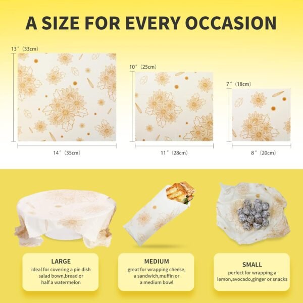 pipi&titi Reusable Beeswax Food Wrap-Assorted 3 Pack（SML)-Organic Cotton-Plastic Free Food Storage - Image 2