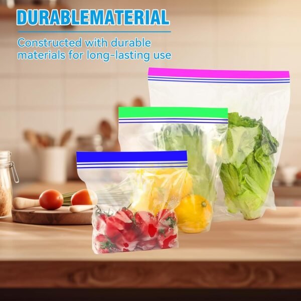 Reusable Food Storage Freezer Bags 100-Pack, Zipper Lock for Fruit and Veggies - 3 Sizes, Microwave and Freezer Safe, Strong Seal, Easy to Fill for Lunch, Snacks, and Meals - Image 3