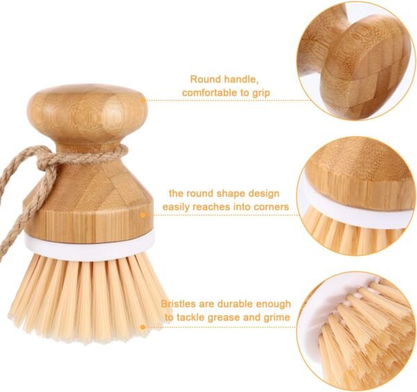 Boao 3 Pieces Bamboo Dish Scrub Brush Natural Wooden Kitchen Cleaning Scrubbers Durable Bamboo Palm Household Pot Scrubber Brush and 1 Holder for Dishes Pots Pans Kitchen Sink Cleaning - Image 3