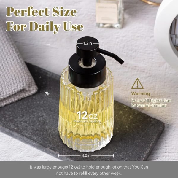 Easy Tang Glass Foaming Soap Dispenser with Black Pump, 12 OZ Vintage-Inspired Modern Glass Refillable Bottle for Bathroom Vanity Countertop and Kitchen - Image 3