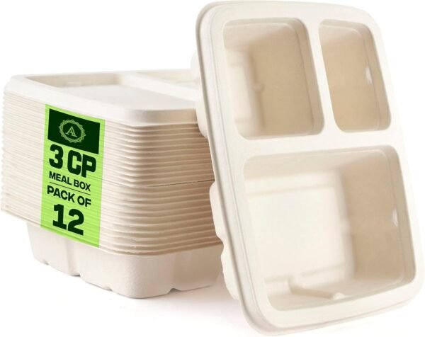 Aakriti 100% Compostable Natural Bagasse, Sugarcane Fiber Biodegradable Heavy-Duty, Unbleached for Lunch Dinner Party Plates Microwave Safe Eco Friendly (9 inch meal box with lid (12-Pack), Square)