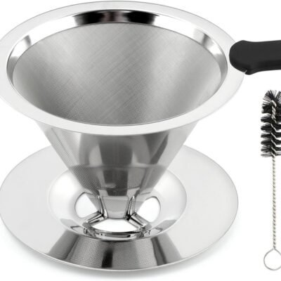 Pour Over Coffee Dripper with Cleaning Brush, Stainless Steel Cone Coffee Filter Fine Mesh Double Layer, Paperless Reusable Coffee Filter, Drip Cone Brew Coffee Strainer(SIZE:Medium)