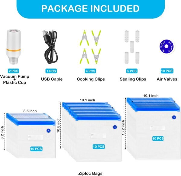 Sous Vide Bags, 52 PCS Handheld Electric Vacuum Sealer Sets for Anova, Joule Cookers, with 30 PCS Reusable Storage Bags, 4 Cooking Clips, 5 Sealing Clips - Image 6
