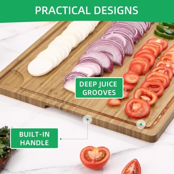 24x18 Inch Large Cutting Board for Kitchen, Bamboo Wood Butcher Block Chooping Board with Handles and Juice Grooves, Reversible Cheese Board Charcuterie Serving Tray - Image 2