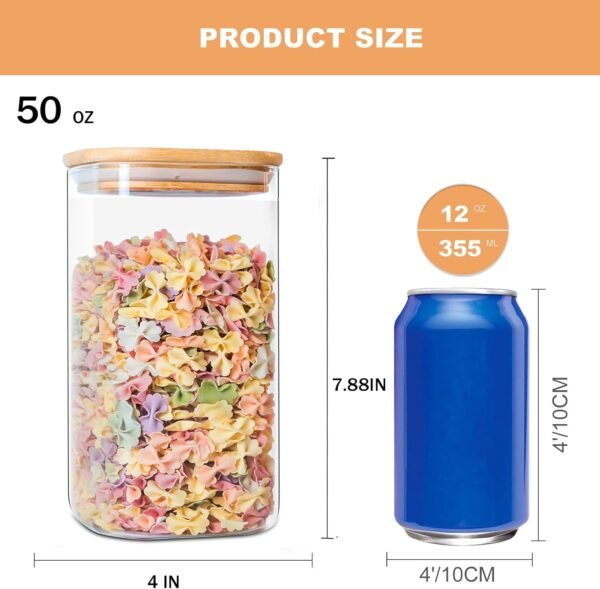 Glass Storage Jars 6 Pack -50oz (10cmx20cm)Clear Glass Food Storage Containers with Airtight Bamboo Lid Stackable Kitchen Canisters for Candy,Cookie,Rice,Sugar,Flour,Pasta,Nuts and Spice Jars(Square) - Image 3