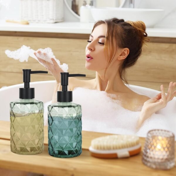 Green Glass Soap Dispenser Set for Bathroom, 11oz. Glass Soap Bottles with Plastic Pump, Kitchen Dish Soap Dispenser Set, Hand-Pump Dispenser for Shampoo, Lotion, Essential Oil (4Pcs) - Image 6