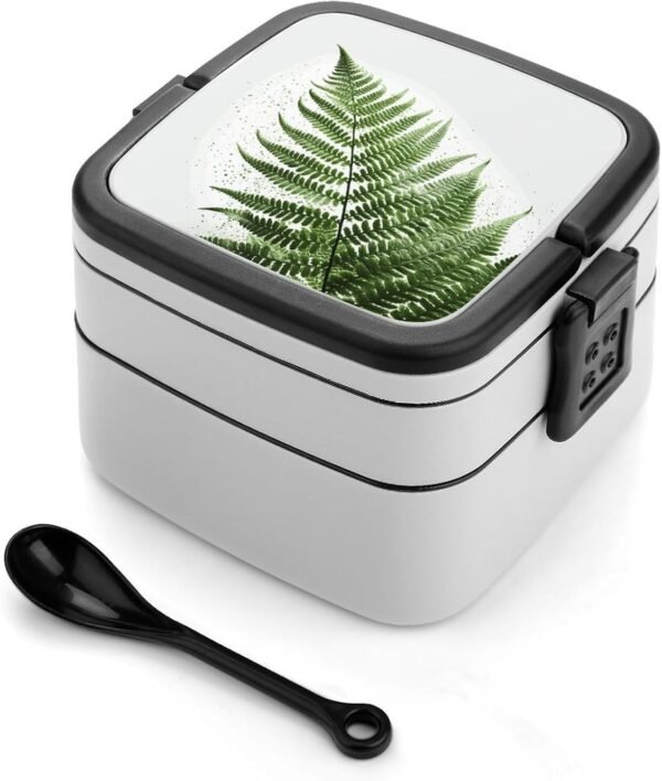 Natural Plant Silhouette Fern Leaf Bento Box Double Layer Lunch Box for Adults with Spoon And Handle Bento Boxes Leakproof One-piece Stackable Lunchbox for Work Picnics And Travel