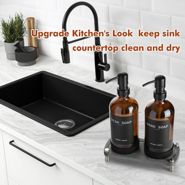 Kitchen Soap Dispenser Set with Tray, Amber Glass Soap Dispenser with Stainless Steel Pump, Hand and Dish Soap Dispenser Set, 12 Pack Labels & Instant Dry Tray, Bathroom Soap and Lotion Dispenser - Image 6