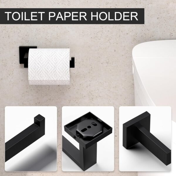 5-Piece Matte Black Bathroom Accessories Set, SUS304 Stainless Steel Wall Mounted 16 Inch Hand Towel Bar, Toilet Paper Holder, Towel Ring, Towel Hooks, Bathroom Hardware Set, Towel Bar Set - Image 4