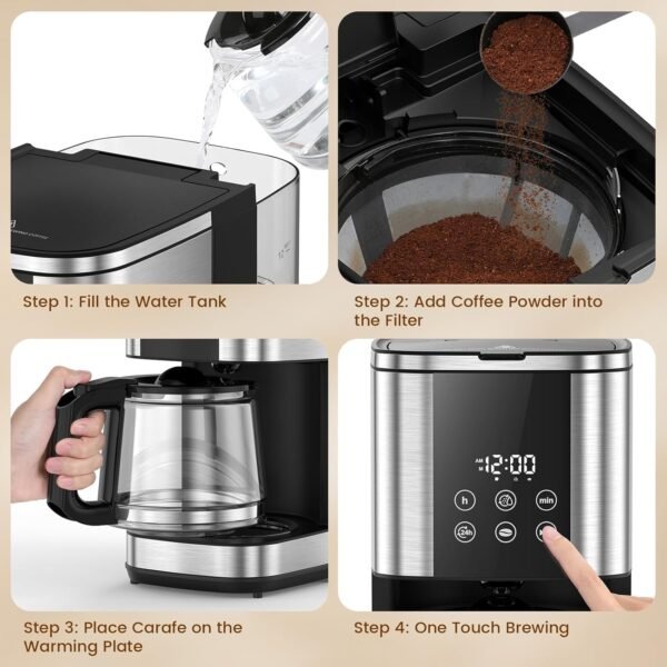 10-Cup Drip Coffee Maker, 24-Hour Programmable Coffee Brewer, Touch Screen, Coffee Strength Control, Reusable Filter, Coffee Pot, Energy Saving Auto Shut Off - Image 7