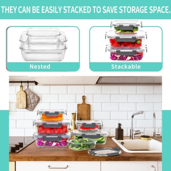Skroam 10-Pack Glass Meal Prep Containers, Food Storage Containers with Snap Locking Lids, Airtight Bento Boxes for Microwave, Oven, Freezer and Dishwasher - Image 4