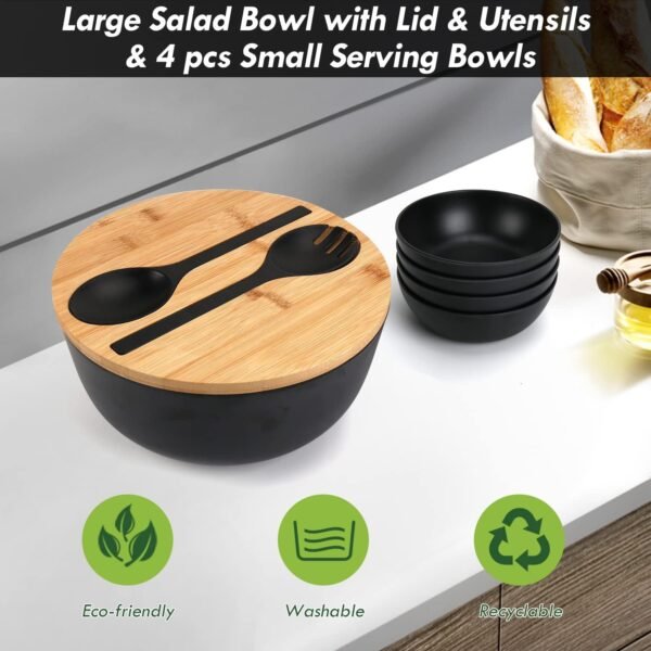 ShineMe Salad Bowls, Large Salad Bowl with Lid and Servers, Bamboo Salad Bowl Set with 4Pack Small Serving Bowls, 9.8inches Solid Kitchen Bowl for Fruits, Vegetables and Pasta...(Black) - Image 2