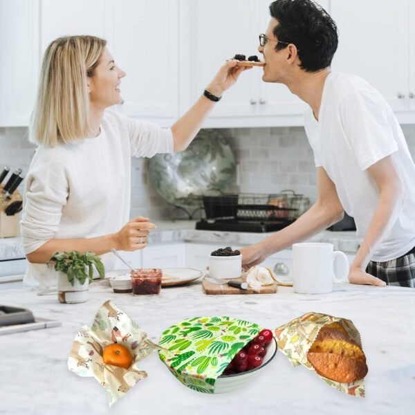 Organic Beeswax Food Wraps - Certified Organic Cotton - Plastic & Silicone Free - Biodegradable & Washable - Sustainable Kitchen Food Storage 6 Pack with 3 Sealing String and Wax Blocks - Image 6