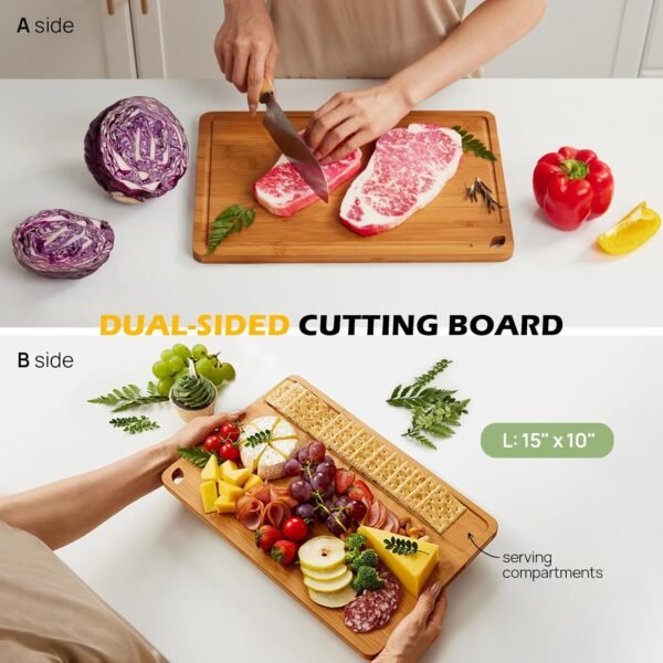 Large Bamboo Cutting Board for Kitchen - 15 Inch Wood L Cutting Boards with Juice Groove and Handles, Wooden Chopping Board for Meat, Cheese, Fruit & Vegetables (Pre Oiled, Brown) - Image 5