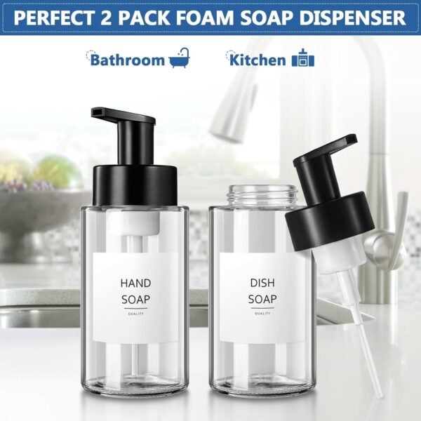 Foaming Soap Dispenser, 12 Oz Foaming Hand Soap Dispenser, 2 Pack Glass Foaming Soap Dispenser for Bathroom & Kitchen, Clear Refillable Foam Soap Dispenser Pump Bottle with Waterproof Labels - Image 2