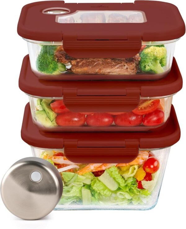 SealVax® SEASON•SEAL Patented Vacuum-Sealed Glass Food Storage & Cycle Marinating Set with Auto-Stop Vacuum sealer, includes 75 fl oz and two 46 fl oz containers (Reddish-Brown) - Image 2