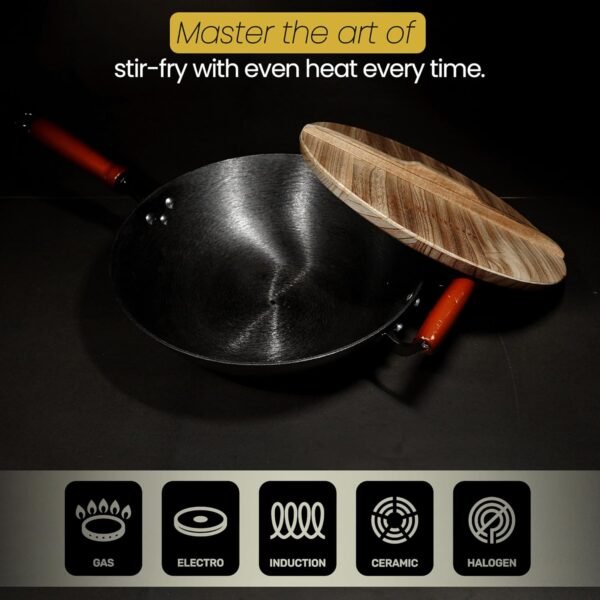 Pre-Seasoned Cast Iron Wok | Nonstick Stir-Fry Pan | Wok with Dual Handles and 4 Spatulas | Flat Bottom Wok with Wooden Lid and Wood Handle | Uncoated Traditional Chinese Wok for Induction - Image 9